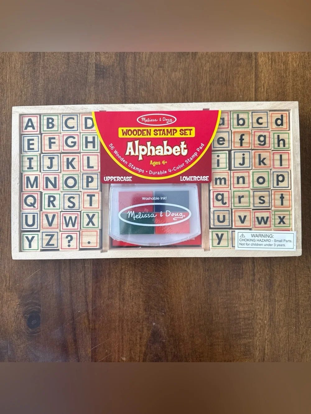 Melissa & Doug Wooden Alphabet Stamp Set 56 blocks and 4 color stamp pad NEW